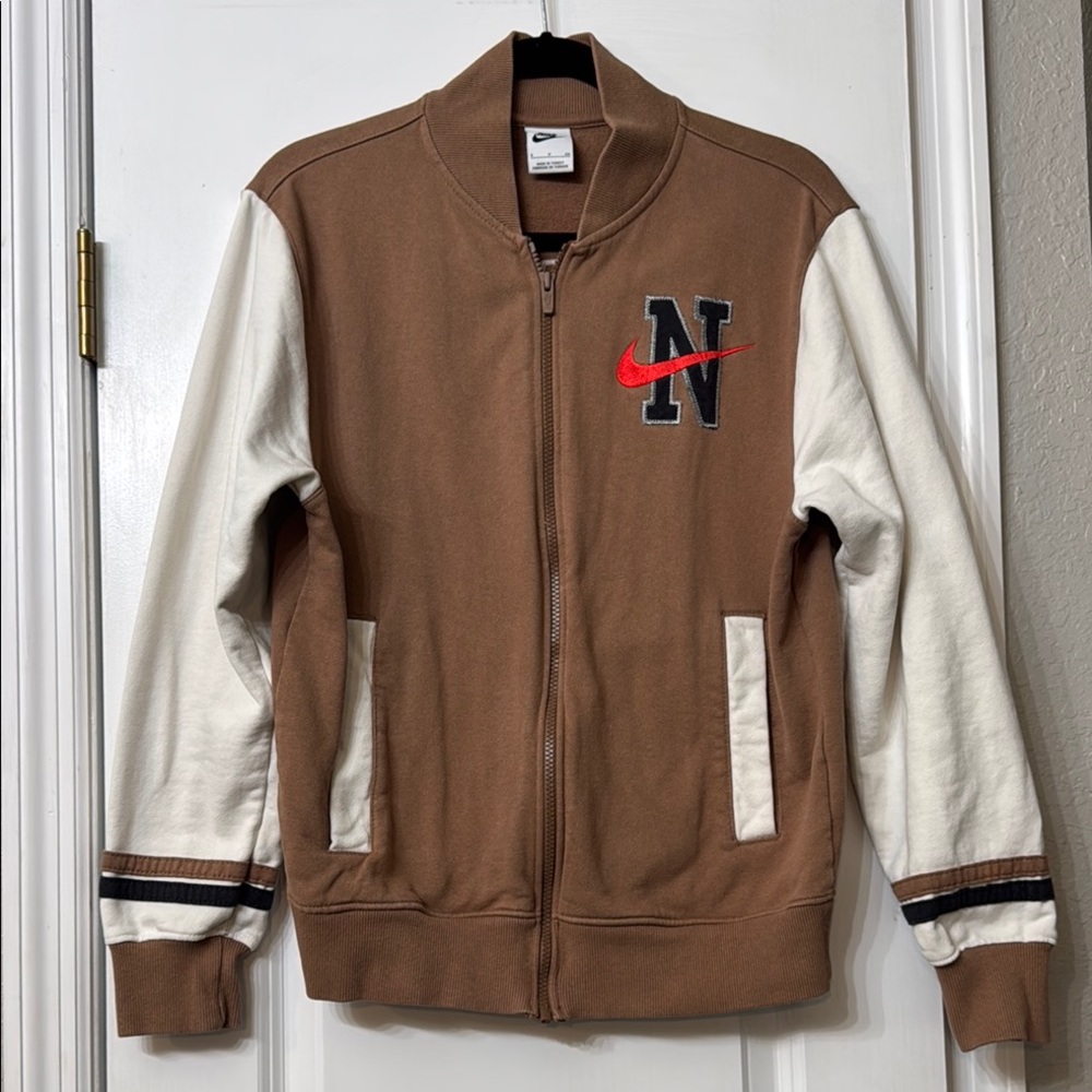 Nike Brown and White Varsity Bomber Jacket